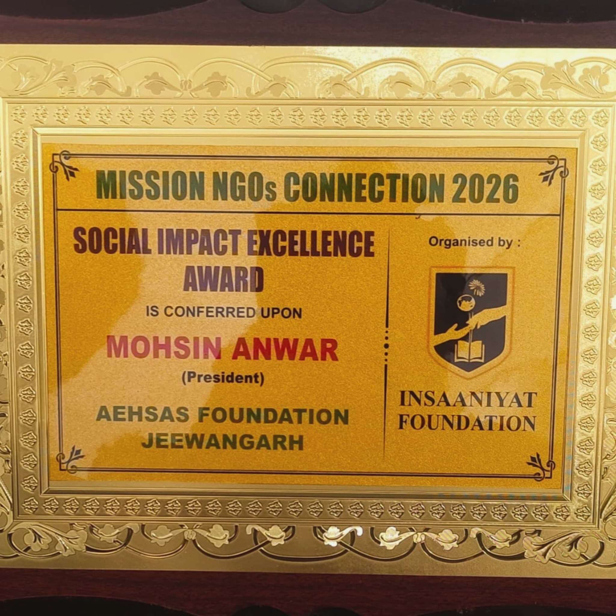The Social Impact Excellence Award plaque conferred upon AEHSAS Foundation by INSAANIYAT Foundation
